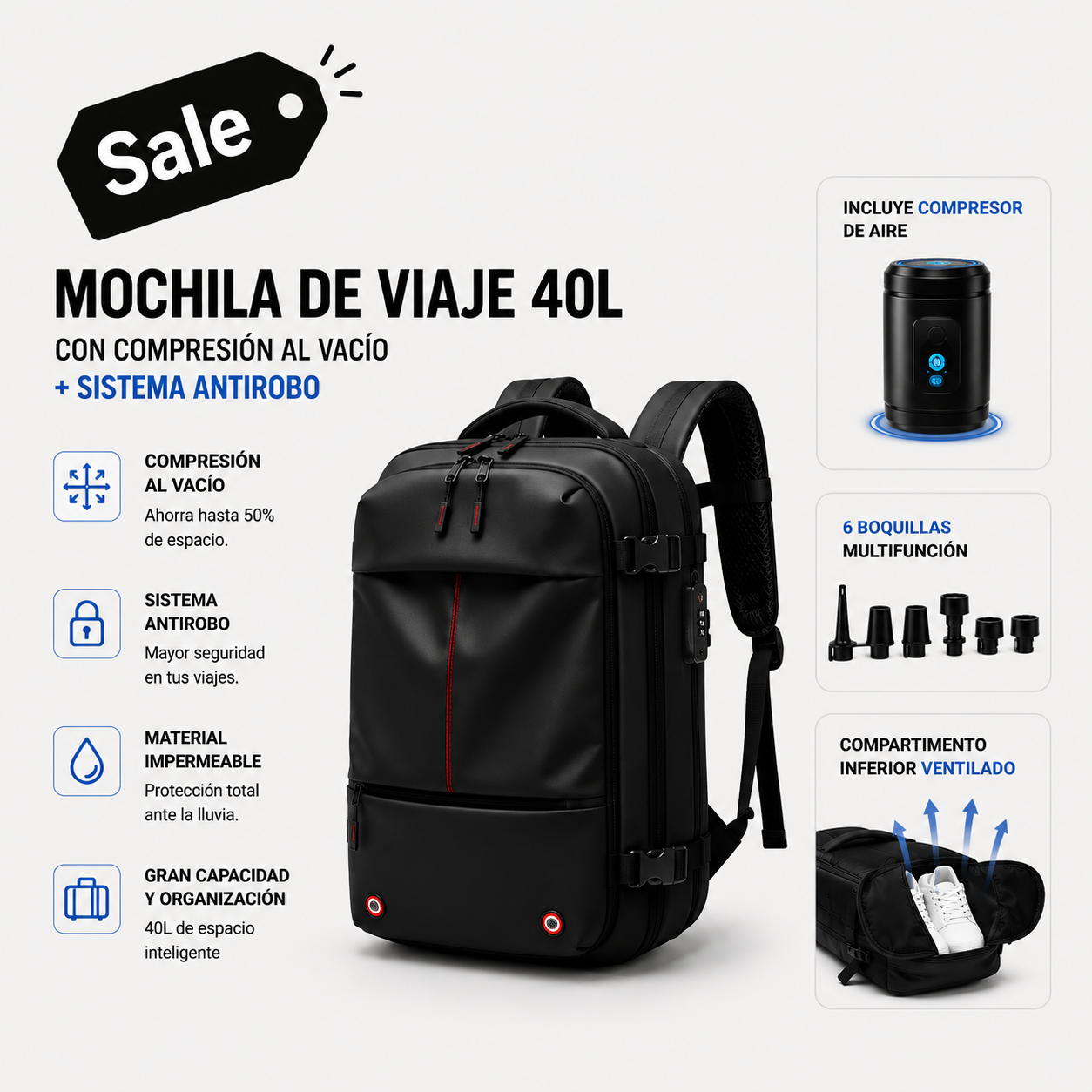 Mochila de viaje 40L con Compresión al vació + Sistema antirobo