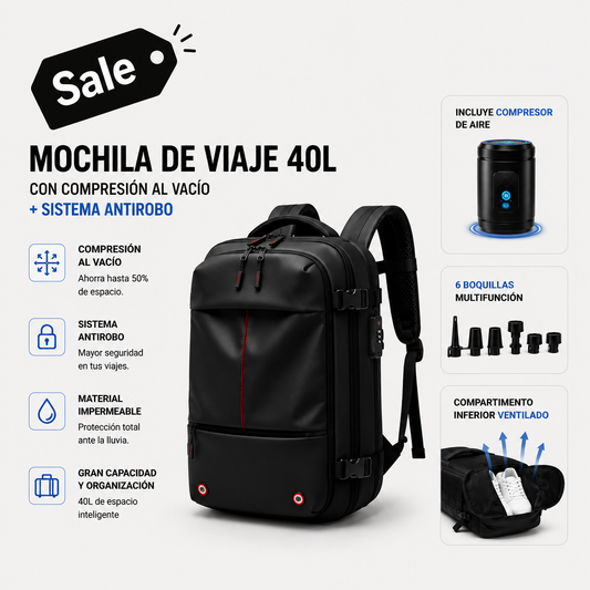 Mochila de viaje 40L con Compresión al vació + Sistema antirobo