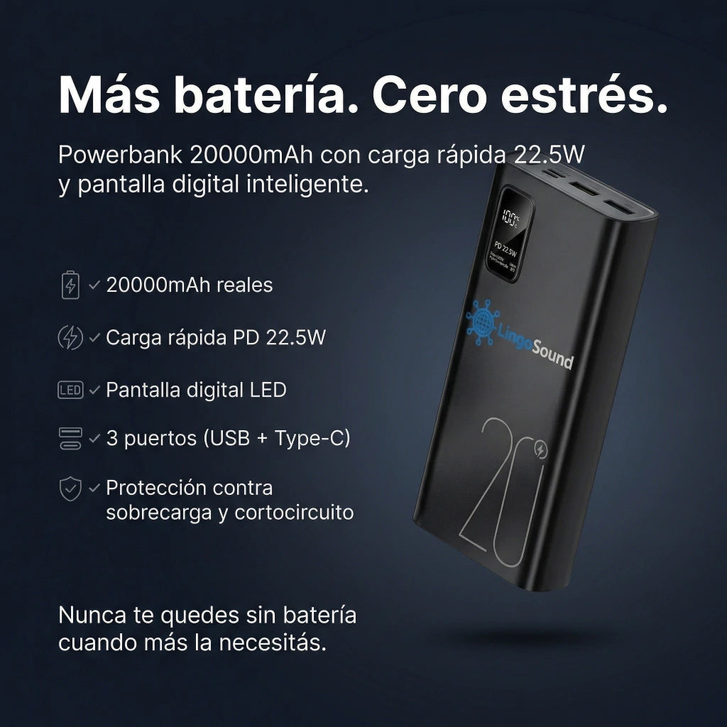 Power Bank LingoSound 20.000 mAh - Bateía Externa Portátil Carga Rápida